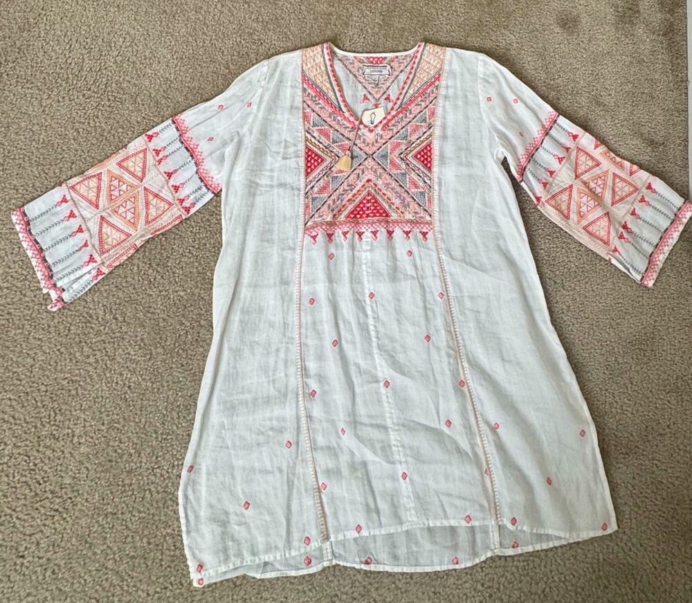 Johnny Was Workshop Thora Toledo Tunic Small White Embroidered Boho Linen